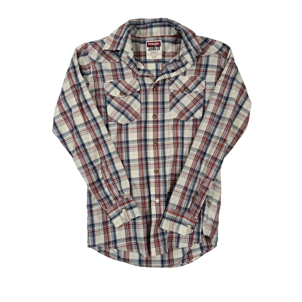 Wrangler Jeans Co Western Snap Shirt Men's Small Plaid Red Blue Cowboy PearlSnap